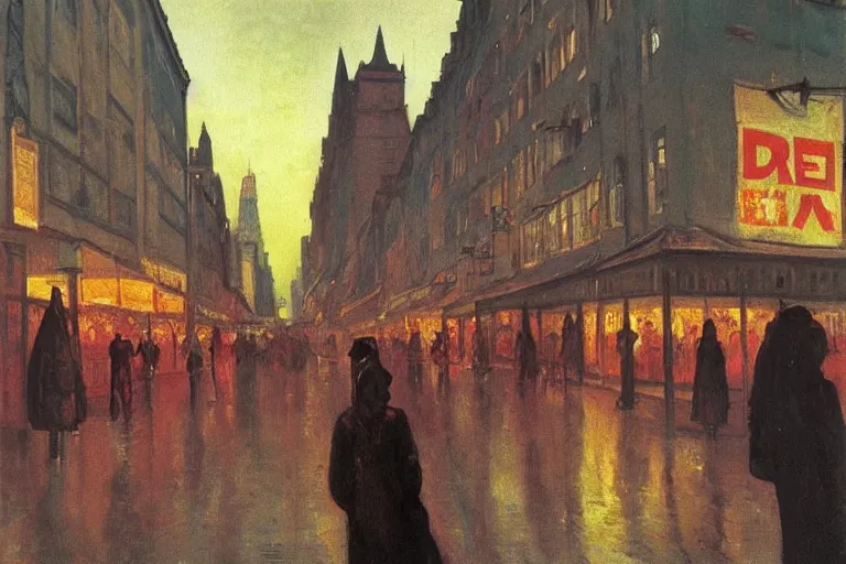 Image similar to dream festival in a city, low angle view from a city street lined with shops and apartments, glowing street signs, revelers playing games and shopping at a night market, oil painting by edvard munch, beksinski, chiaroscuro, baroque