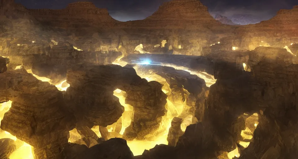 Image similar to night, a lot of people and a spiral - shaped white luminous attractor is floating in grand canyon, concept art, art for the game, professional lighting, art