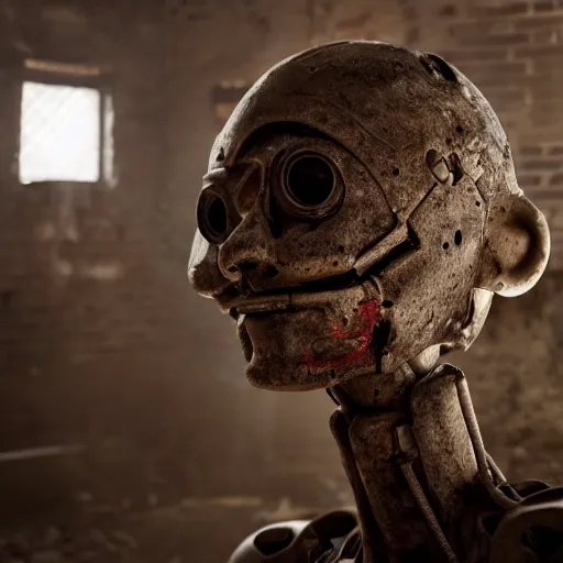 Image similar to photo of an abandoned dirty humanoid robot looking at the camera and smiling with a creepy face in a basement by Greg Rutkowski, dark, creepy, horror, disgusting, dust, brown scheme color, uncanny valley, full shot, photo photo, depth of field, red eyes