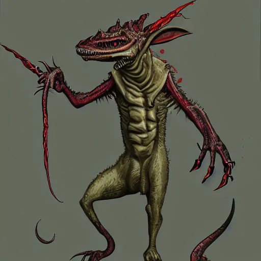 Image similar to big butcher anthropomorphic male lizardfolk posing scarily, scary angry pose, chasing you, bloody, covered in blood, fresh kill, cleaver, in a cave, earie setting, lovecraft eldritch horror, hyperdetailed, furaffinity, anthro art