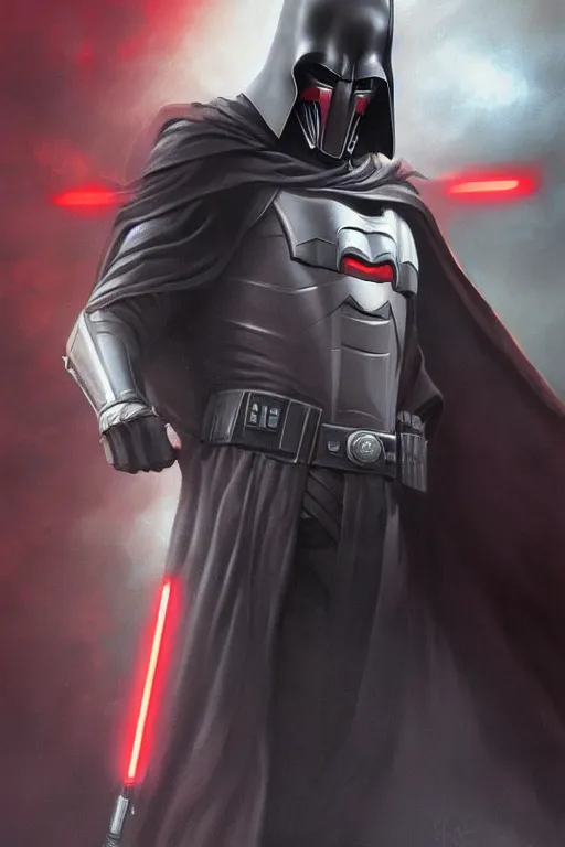 Image similar to characters portrait of Darth Revan mixed with Batman by ArtGerm and Tom Bagshaw, merged character, Full body shot, cinematic opening shot, 4k, highly detailed, cinematic lighting