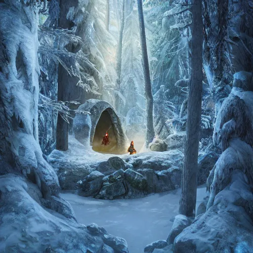 Image similar to a wizards portal above the trees of a cold winter forest, storybook illustration, octane render, detailed painting, by katherine federer, anthony pafford, harry gamboa and tracy flickinger