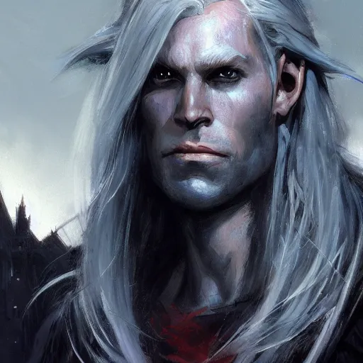 Prompt: closeup portrait of drizzt do'urden, drow elf, dungeons and dragons character, castle background, gorgeous view, realistic, high detail, digital art, painted by greg rutkowski, painted by jeremy mann, trending on artstation