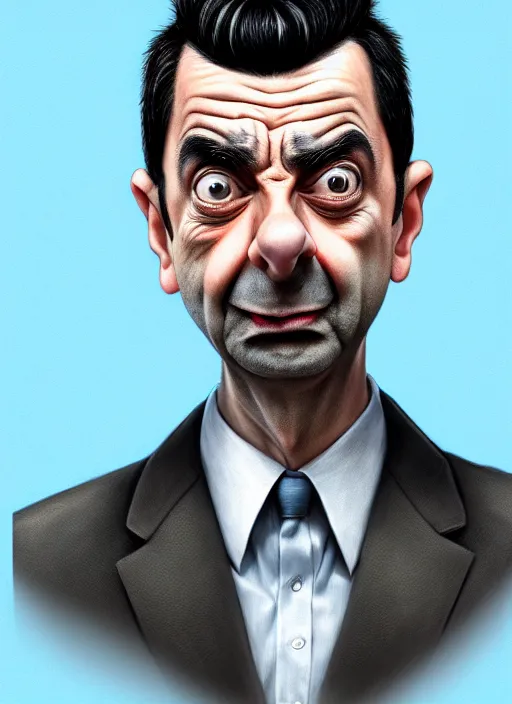 Prompt: highly detailed pencil sketch caricature portrait of silly mr bean gangster by ross tran, by greg rutkowski, brush strokes, 4 k resolution, light blue pastel background
