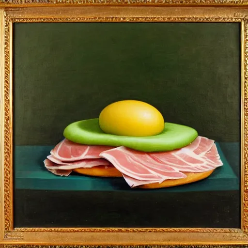 Image similar to a still life portrait of green eggs and ham, oil on canvas, highly detailed