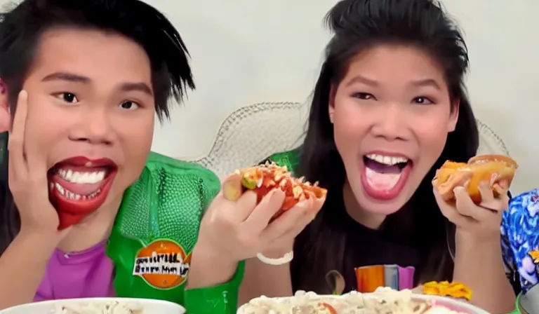 Image similar to Screencap from a mukbang video where a Filipino teenager eats a pair of sneakers