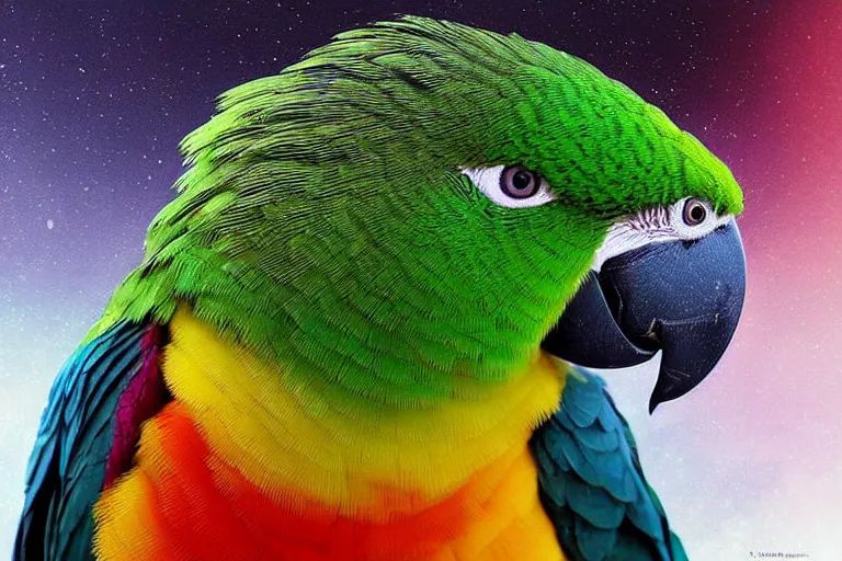 Image similar to “Portrait of a parrot” wearing a beautiful Costume , on a dark nebula background” digital Art, concept Art, highly detailed, 3-D 4K, trending on art station, Award winning, Alexander Hamilton style,