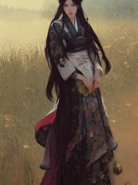 Prompt: beautiful seductive girl wearing hanfu, farm background, fantasy, d & d, dark eyeliner, intricate, elegant, highly detailed, digital painting, artstation, concept art, matte, sharp focus, illustration, art by greg rutkowski and alphonse mucha