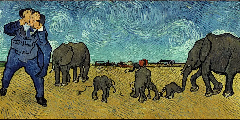 Image similar to in the afternoon at school, an ant kills an elephant as a group of students in sailor uniforms watch by van gogh