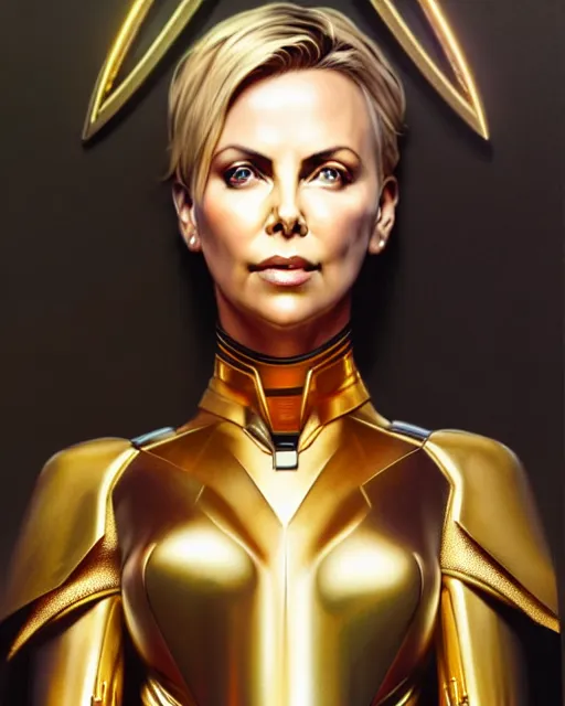 Image similar to hyper realitic render of charlize theron, sci fi warrior in gold hi tech armor, art by artgerm and greg rutkowski and alphonse mucha