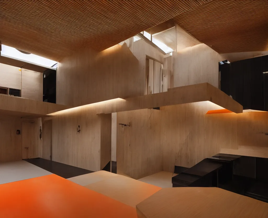 Image similar to real estate photo of the interior of a futuristic japanese house, dramatic lighting, black and orange colour palette, wide angle shot