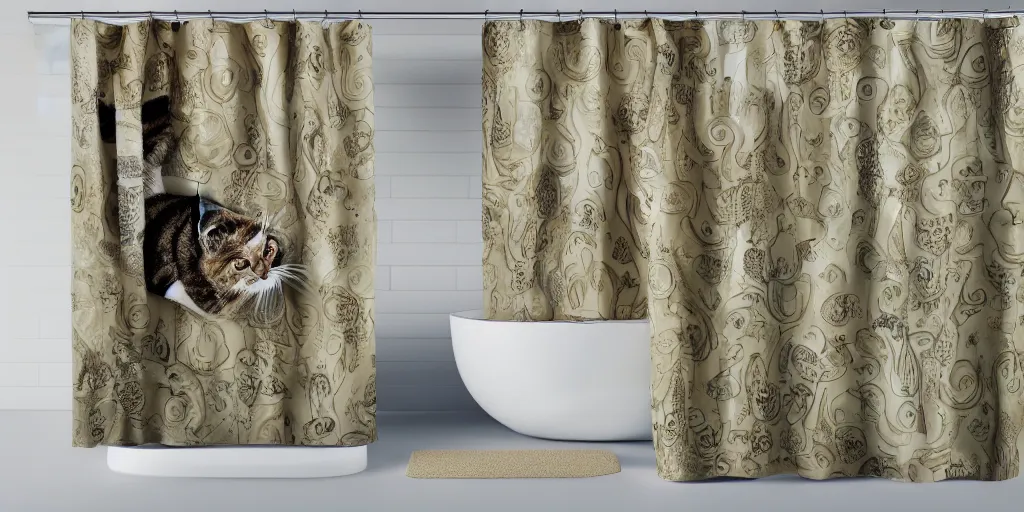 Image similar to shower curtain product catalog. wide - angle photo. on the curtain is a tabby cat wearing a large head towel coming out of a bathtub, product photography of a shower curtain, product lighting. 4 k, highly detailed. saturated.