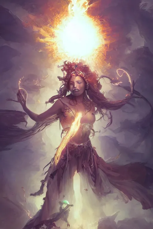 Prompt: beautiful girl necromancer, witch - doctor exploding into space casting spell, angels, 3 d render, hyper - realistic detailed portrait, holding fire and electricity, ruan jia, wlop. scifi, fantasy, magic the gathering, hyper detailed, octane render, concept art, peter mohrbacher