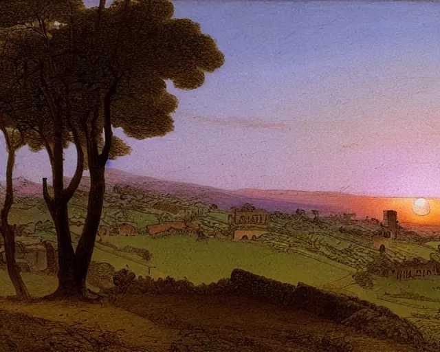 Prompt: view over a village in the countryside of Morocco, sunset in spring, by Caspar David Friedrich