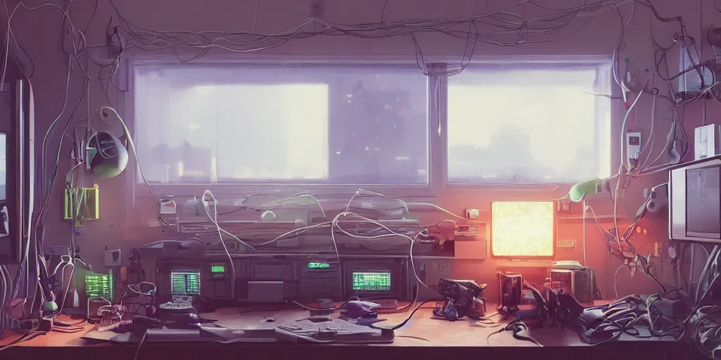 Image similar to cozy 9 0 s bedroom retrofuturism, cluttered, wires everywhere, computer, window, at night, lit only by the luminescent computer screen, cyberpunk city, dramatic lighting, alien technology, detailed by simon stalenhag