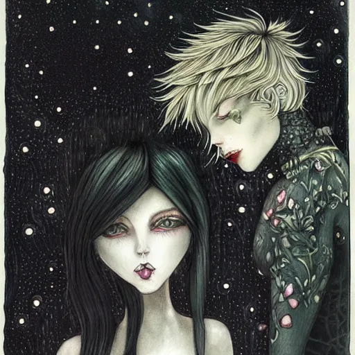 Image similar to blond butch tomboy woman, side by side, taller goth black - haired dark fae woman, in love, romantic in romantic garden at night, mike mignogna, illustration, pen and ink, oil painting, highly detailed, sci fi, dreamy and romantic