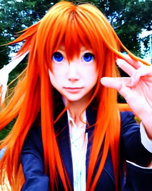 Prompt: asuka langley soryu takes a selfie in real life