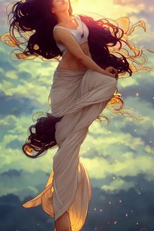 Image similar to full body falling through the sunset sky windy hair zero gravity floating seductive meditation goddess in the style of artgerm, wlop, greg rutkowski, alphonse mucha and ayami kojima, realistic details, volumetric lighting, very very very very beautiful symmetrical face, trending on artstation, artstationhd, artstationhq, unreal engine, 4 k, 8 k