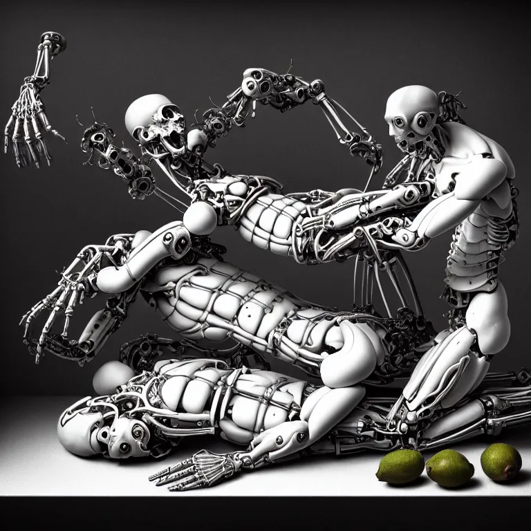 Image similar to still life of two biomechanical cyborg male lovers laying on a table, pastel flowers on a table, surreal alien ribbed pastel fruit, white human spine, baroque painting, beautiful detailed intricate insanely detailed octane render trending on Artstation, 8K artistic photography, photorealistic, chiaroscuro, Raphael, Caravaggio beautiful BW monochrome