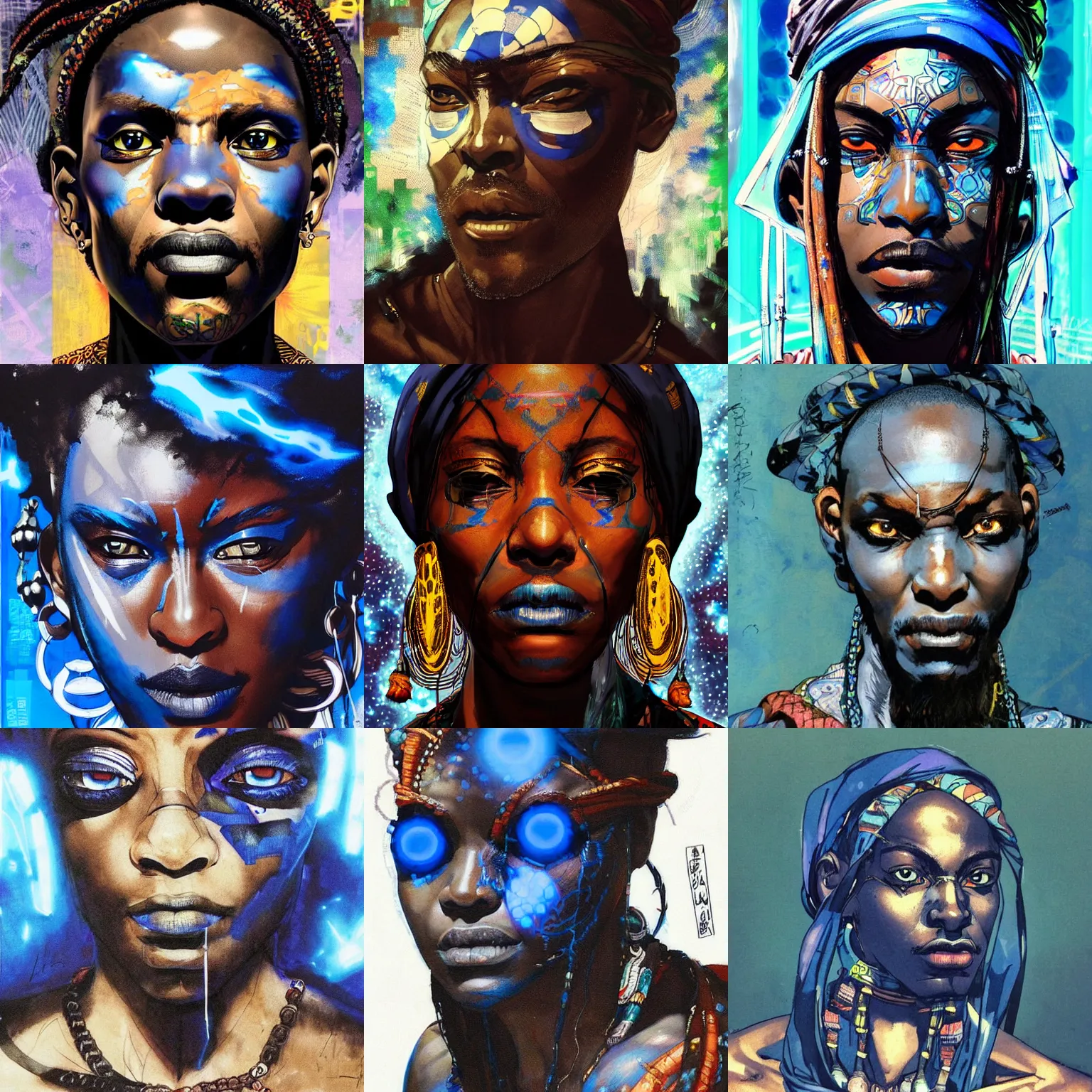 Prompt: a beautiful side portrait of a black african seer, fortune teller. blue - glowing eyes, he has a tattoo in his forehead. art by yoji shinkawa and sandra chevrier, trending on artstation, award - winning, perfect composition.