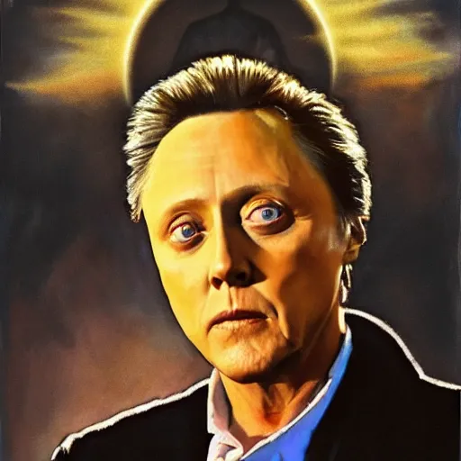 Prompt: Christopher Walken painted like a Saint with halo behind head