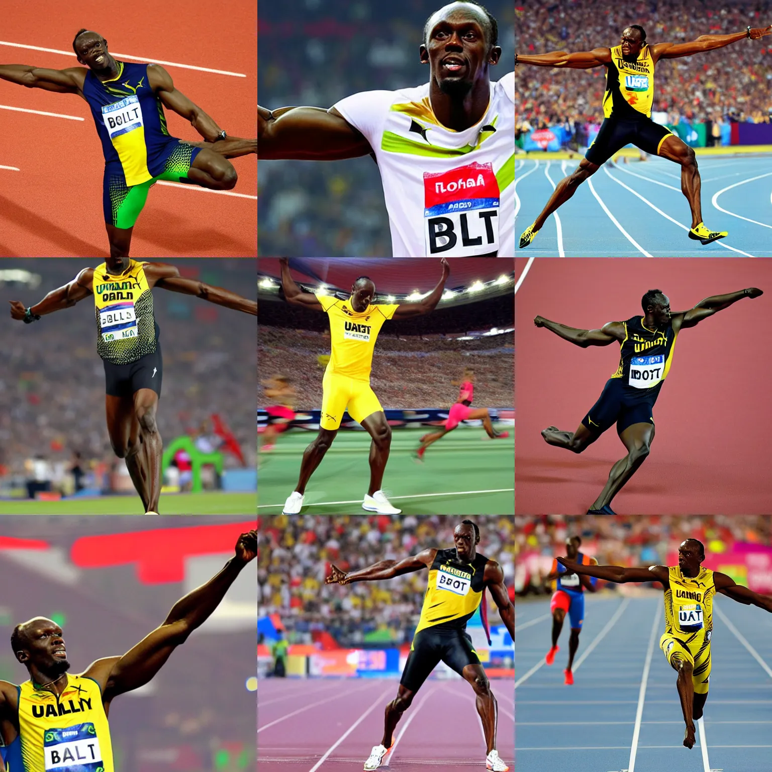 Prompt: Usain Bolt leaning forward with his arms outstretched behind him