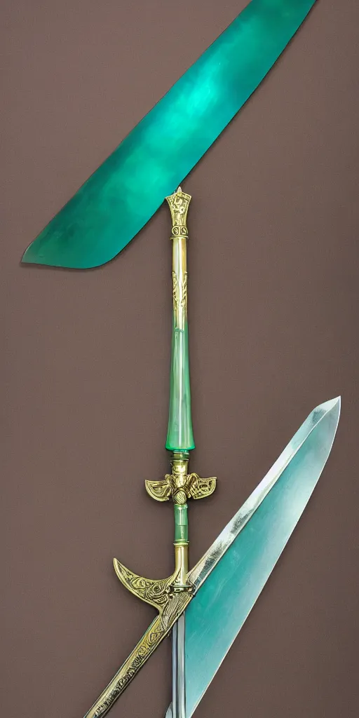 Image similar to photograph of a wide green and teal crystal sword blade attached to a big gold sword hilt