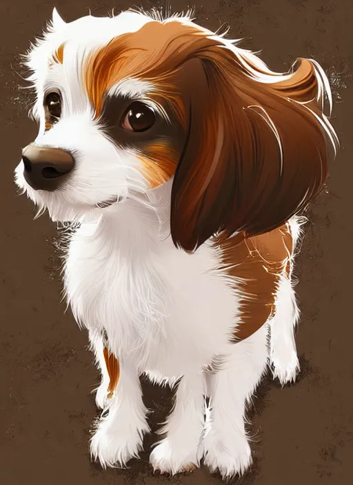 Image similar to a very cute long haired jack russell terrier puppy. he is white with brown spots and brown patches over both eyes. clean cel shaded vector art. shutterstock. behance hd by lois van baarle, artgerm, helen huang, by makoto shinkai and ilya kuvshinov, rossdraws, illustration, art by ilya kuvshinov