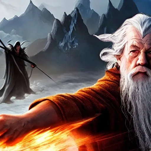 Image similar to Selfie taken by an overconfident Gandalf the Grey on the Bridge of Khazad Dum, a balrog looming in the background,