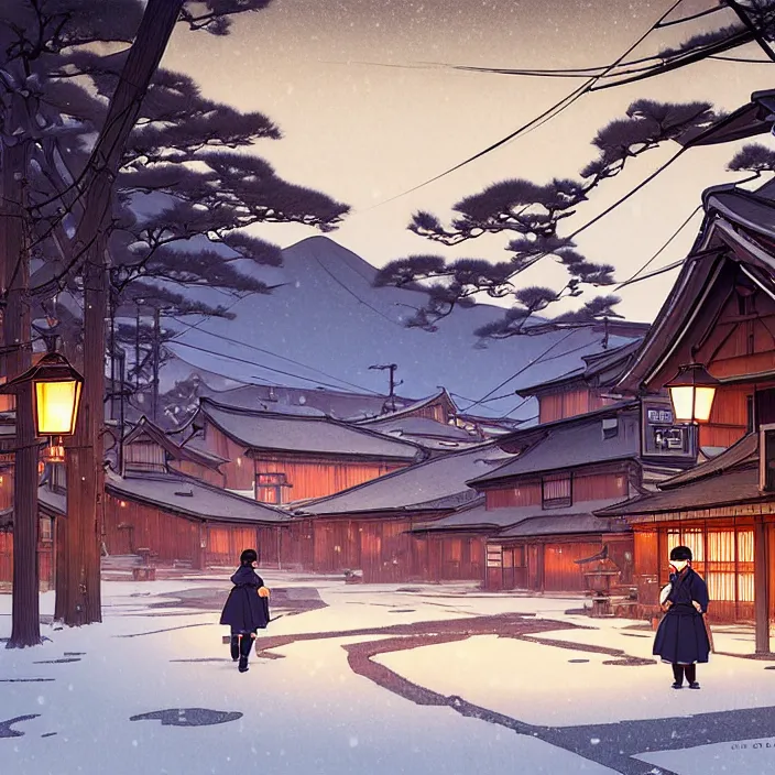 Image similar to empty rural japanese town at night, winter, in the style of studio ghibli, j. c. leyendecker, greg rutkowski, artem