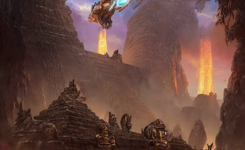 Prompt: The ancient Mayan city encounters invasion from futuristic aliens by Tyler Edlin, explorers, giant gold full body statue of Superman, inspired by Stephan Martiniere and Greg Rutkowski, fantasy, digital art, professional illustration, realistic, ultra detailed, atmospheric, cinematic lighting, movie concept art, hyper detailed, insanely detailed, corona render, octane render, colorful redshift render, 8k