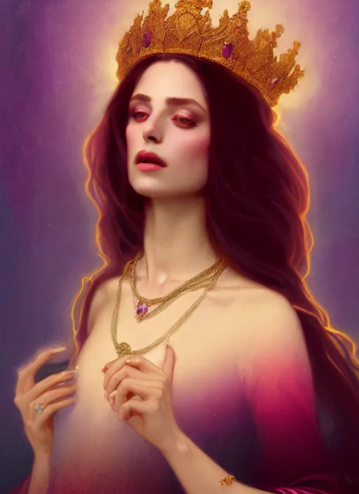 Image similar to ombre velvet gown, lovely queen, portrait, long raven hair, small crown, dozens of jeweled necklaces, feral languid woman, by greg rutkowski, anato finnstark, alphonse mucha, global illumination, radiant light