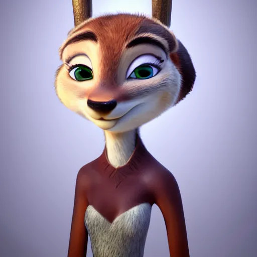 Image similar to portrait, 3 d render, tall slightly chubby anthropomorphic female deer, wearing along long white dress, in the style of zootopia,