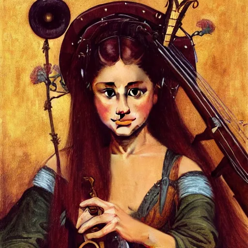 Image similar to half length portrait of ariana grande as a bard playing the mandolin, d & d, medieval, fantasy, giger, royo, klimt, miro, vallejo, frazetta, alphonse mucha, greg rutkowski, whealan