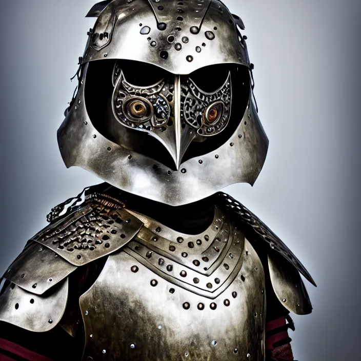 Prompt: portrait photograph of a warrior with metal owl armour. Extremely detailed. 8k