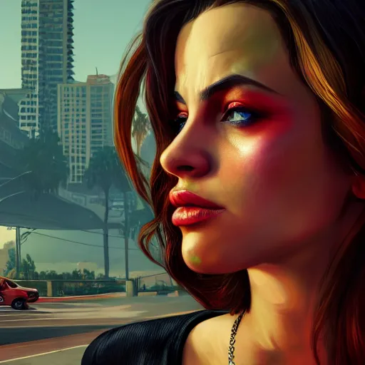 Prompt: a screenshot of GTA V, portrait, fantasy, beautiful face, vivid colors, elegant, concept art, sharp focus, digital art, Hyper-realistic, 4K, Unreal Engine, Highly Detailed, HD, Dramatic Lighting by Brom, trending on Artstation