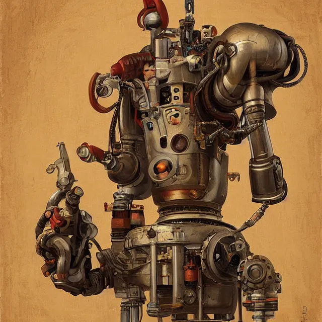 Image similar to robot artist painting a self - portrait on a canvas. intricate, highly detailed, digital matte painting, in the style of alexandros pyromallis, and in the style of sachin teng, and in the style of hans thoma, and in the style of gil elvgren. irony, recursion, inspiration, dieselpunk.