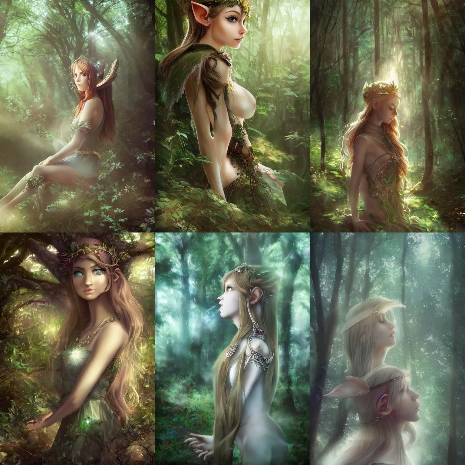 Prompt: beatiful elf princess in a secret forest, 3/4 side view, chest view, hair jewellery, fully clothed, light mist, light rays sieving through the trees, shallow depth of field, coherent composition, artwork by Yuumei