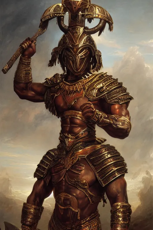 Image similar to a powerful and muscular make african warrior , half body portrait, ornate armour, realistic oil painting by Thomas Cole and Wayne Barlowe and Boris Valejo