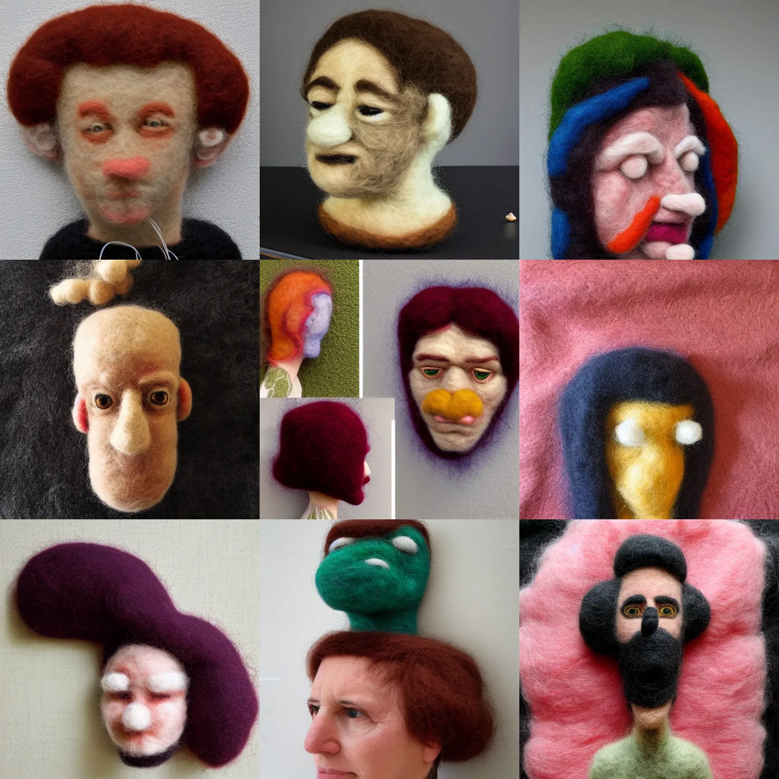 Prompt: a large, complex needle felting of on oncoming head face