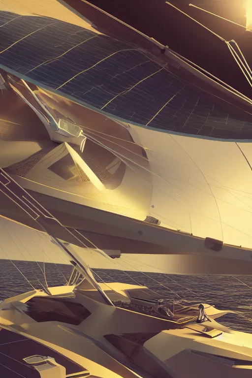 Image similar to futuristic sailboat mid-journey with solar sails and a robot! captain! and crew in a Marvel!!!!!!!! comic! style , digital art, 8k, birds eye view, 80s, concept, Smooth gradients, octane render, 8k, High contrast, duo tone, depth of field