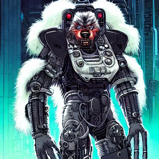 Image similar to portrait of a cybernetic werewolf warrior with white fur and power armor, cyberpunk concept art by josan gonzales and moebius and enki bilal and and dan mumford and jean claude meziere and philippe druilleg