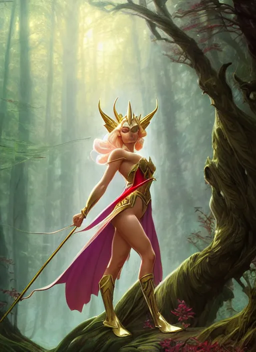 Image similar to she - ra in the enchanted mystical forest, d & d, fantasy, intricate, elegant, highly detailed, digital painting, artstation, concept art, smooth, sharp focus, illustration, art by artgerm and greg rutkowski and alphonse mucha