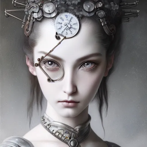 Image similar to By Tom Bagshaw, ultra realist soft painting of an attractive steampunk anime female porcelain miniature fully armored figurine with thin lustrous long hair floating, photorealistic eyes render looking at camera, curiosities carnival, symmetry accurate features, very intricate details, focus, dark fantasy background, black and white