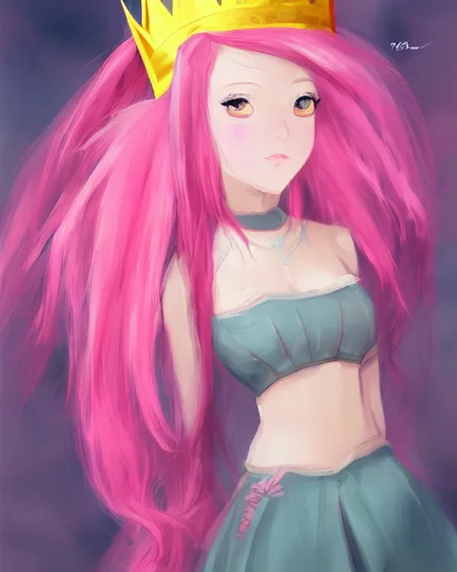 Image similar to concept art of a princess, she has pink hair and a yellow crown, anime art, digital painting, hd, smooth, full body shot, tran ross