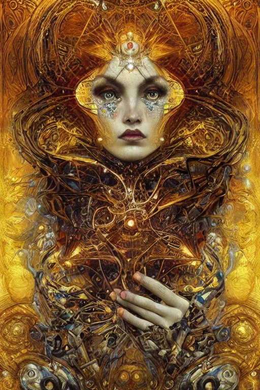 Image similar to Divine Chaos Engine by Karol Bak, Jean Deville, Gustav Klimt, and Vincent Van Gogh, beautiful visionary mystical portrait, sacred, otherworldly, fractal structures, ornate gilded medieval icon, third eye, spirals