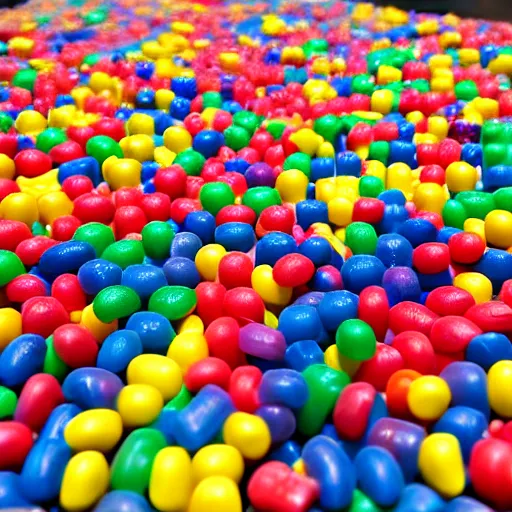 Image similar to Lego City overrun by thousands of jelly beans, old collection, verisimilitudinous