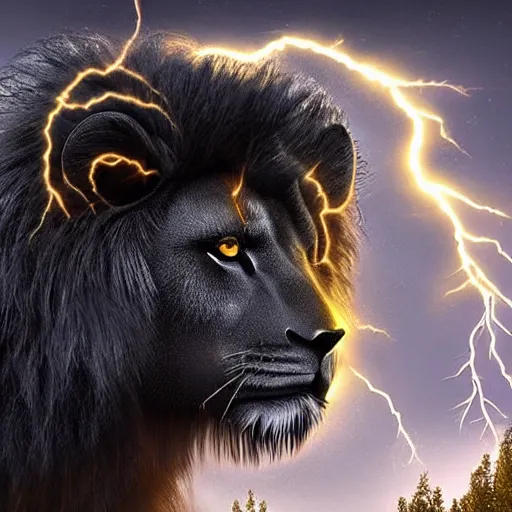 Image similar to epic pose of black lion with gold lightnings in the fur in the middle of the ancient forest , colossal scale, photorealistic, high details, intricate by Nick Nichols and Evgeniy Antonenkov