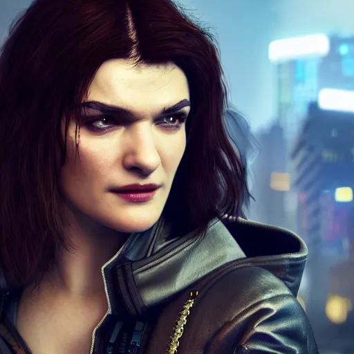 Image similar to rachel weisz portrait, Cyberpunk 2077, cyberpsycho, photorealistic, ultra detailed, neon, octane, bokeh, cyber, cyberpunk city, feature, scars, cyberface, 8k