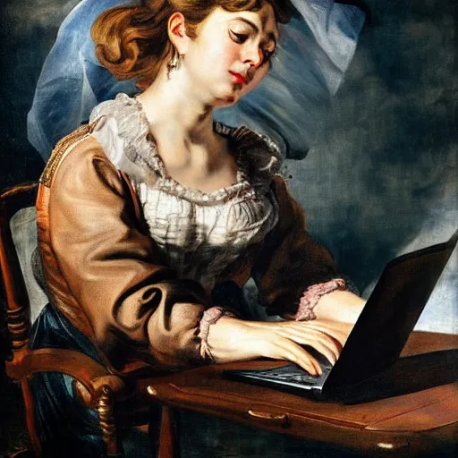 Image similar to heavenly summer sharp land sphere scallop well dressed lady working on her laptop auslese, by peter paul rubens and eugene delacroix and karol bak, hyperrealism, digital illustration, fauvist, looking at her imac laptop